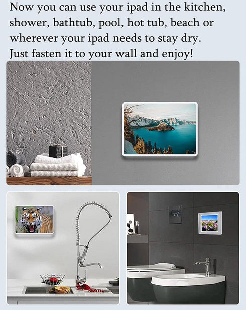 Shower Ipad Holder Waterproof Wall Mounted Upgrade, Bathroom Tablet Case Mount Shelf, Adhesive Touchable Cradle with Glass Mirror Anti-Fog Screen ...