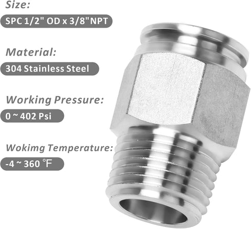 Push to Connect Fitting - 304 Stainless Steel Male Straight 1/2" Tube OD x 3/8" NPT Thread Pneumatic Push Lock Fitting (Pack of 5)...