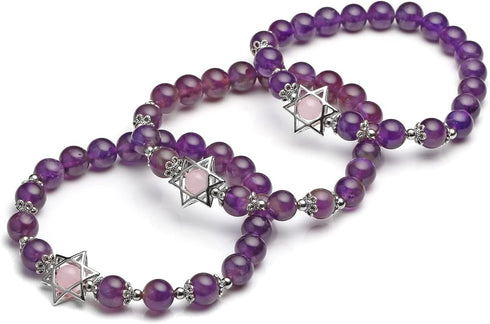 Jovivi 2pcs Natural Semi Precious Gemstone Amethyst Rose Quartz Crystal Bracelets Set Handmade Healing Stone Beads Beaded Stretch Bracelet for Wom...