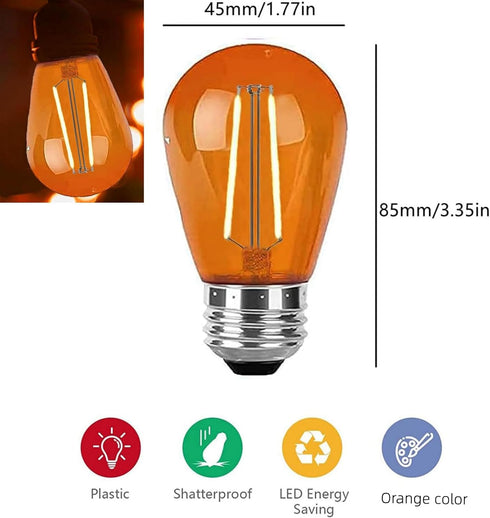 15 Pack S14 LED Light Bulb Orange LED Replacement Bulbs 2W S14 LED String Light Edison Bulb E26 Base Plastic Shatterproof LED Decorative Bulbs for...