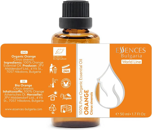 Essences Bulgaria Organic Orange Essential Oil 1.7 Fl Oz 50ml Citrus sinensis - 100% Pure and Natural Undiluted Therapeutic Grade Home Aromatherap...