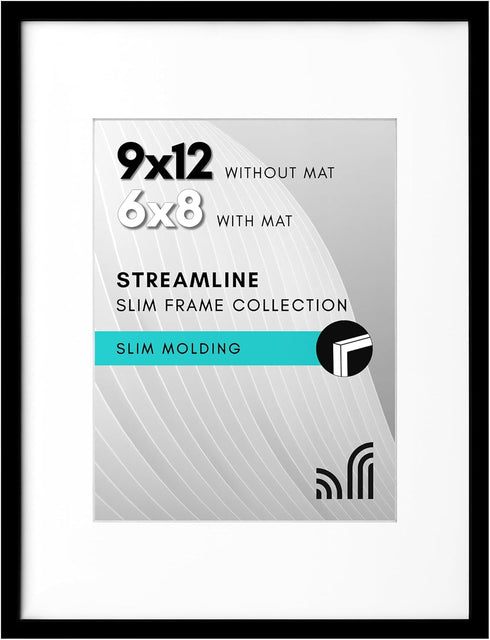 Americanflat 9x12 Picture Frame with Shatter-Resistant Glass - Use as 6x8 Frame with Mat or Display 9x12 Photo Without Mat - Streamline Collection...