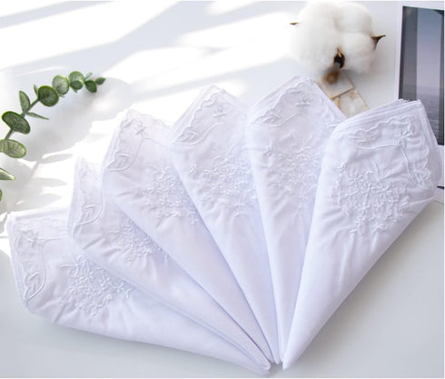 Womens Embroidered Scalloped Handkerchiefs Cotton White Wedding Hankies...