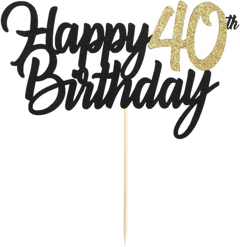 PALASASA Black Gold Glitter Happy Birthday cake topper - 40 Anniversary/Birthday Cake Topper Party Decoration (40th)...