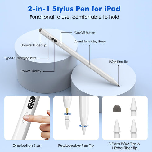 MoKo Stylus Pen for iPad with Power Display, Dual-Tip Apple Pen Fast Charge for iPad Pro 13/11" (M4) 2024, iPad Pro 12.9/11", iPad Air 13/11" (M2)...