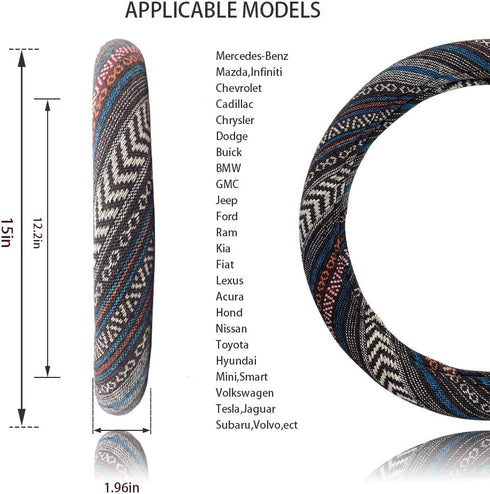 Universal 15inch Ethnic Style Baja Blanket Steering Wheel Cover with Coarse Flax Cloth and Sweat Absorption Anti Slip Car Wrap (Boho Dark)...