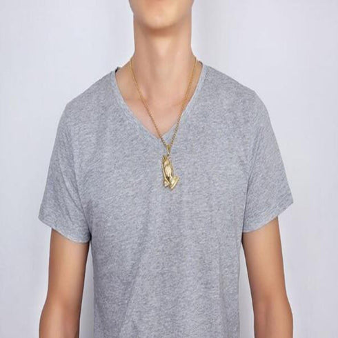 Stainless Steel Praying Hands Pendant Necklace,Gold,Free Chain 24"...