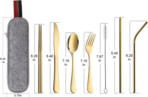 DEVICO Portable Utensils, Travel Camping Cutlery Set, 8-Piece including Knife Fork Spoon Chopsticks Cleaning Brush Straws Portable Case, Stainless...