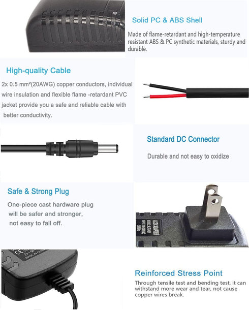 DC 12V 2A Power Adapter 24W 12 Volt 2 Amp AC Adapter 100-240V 50-60Hz AC to 12Volt DC 2A 1.5A 1A Power Supply 12v Transformer 4.6ft Cord with 5.5m...