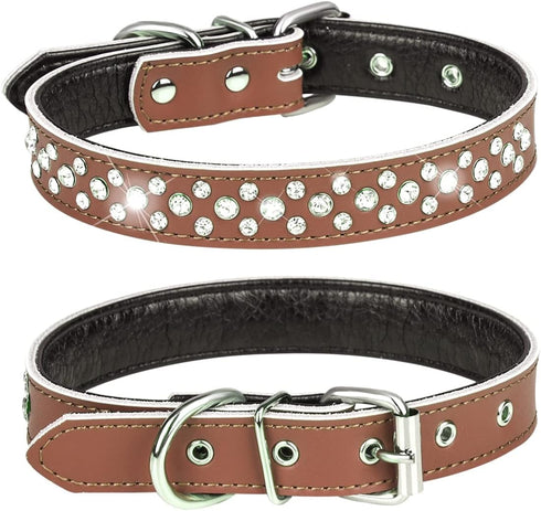 Rhinestones Dog Collar, Adjustable Sparkly Crystal Studded Genuine Leather Pet Dog Collar for Small and Medium Breeds (L fit Neck 14.5-18", Brown)...