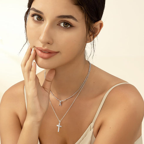 ZENI Dainty Cross Necklaces for Women, White Gold Plated Layered Chain Initial A Pendant Choker Necklace, Cubic Zirconia Cross Christian Faith Jew...