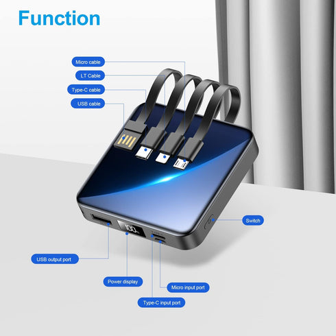 12000mAh Small Power Bank,Mini Portable Charger Built in 4 Cables,USB C Input/Output with Smart LED Display,External Battery Portable Charger Powe...