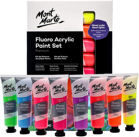 Mont Marte Fluoro Acrylic Paint Set, 8 x 1.02oz (36ml) Tubes, 8 Colors, Suitable for Most Surfaces Including Canvas, Card, Paper and Wood...