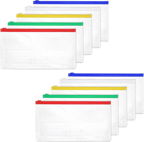 10 Pack Plastic Zip Envelope A6 Size Zipper Pouch with Label Pocket Assorted Clear Pencil Case Waterproof Transparent Cash Envelopes for Office Lo...