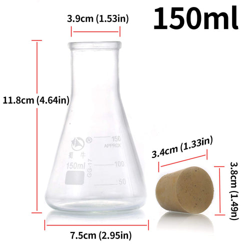 Glass Erlenmeyer Flask Set, (250 ml, 150 ml & 50 ml) Graduated Borosilicate Glass Erlenmeyer Flasks with Rubber Stoppers & Accurate Scales for Lab...