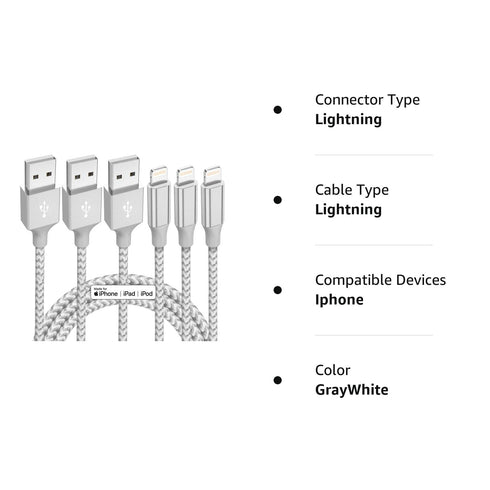 iPhone Charger 3 Pack 10 ft Apple MFi Certified Lightning Nylon Braided Cable Fast Charging Cord Compatible with iPhone 13 12 11 Pro Max XR XS X 8...
