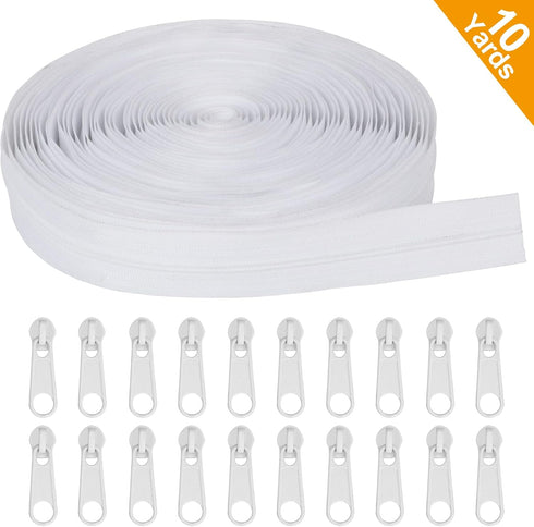 MiniRed 10Yards White Nylon Coil Zipper by The Yards, #3 Bulk Zippers for DIY Sewing Craft Bags with Replacement 20PCS Sliders (#3 White)...