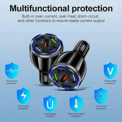 Car Charger Adapter, 5 Port QC3.0 Fast Charging Car Cigarette Lighter USB Charger, Compatible with iPhone, Android, Samsung, iPad Pro, and More (B...