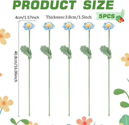 FINGERINSPIRE 5 pcs Handmade Crochet Daisy Flower Light Sky Blue Artificial Daisy Bouquet Knitted Cotton Artificial Flowers with Iron Wire Crochet...