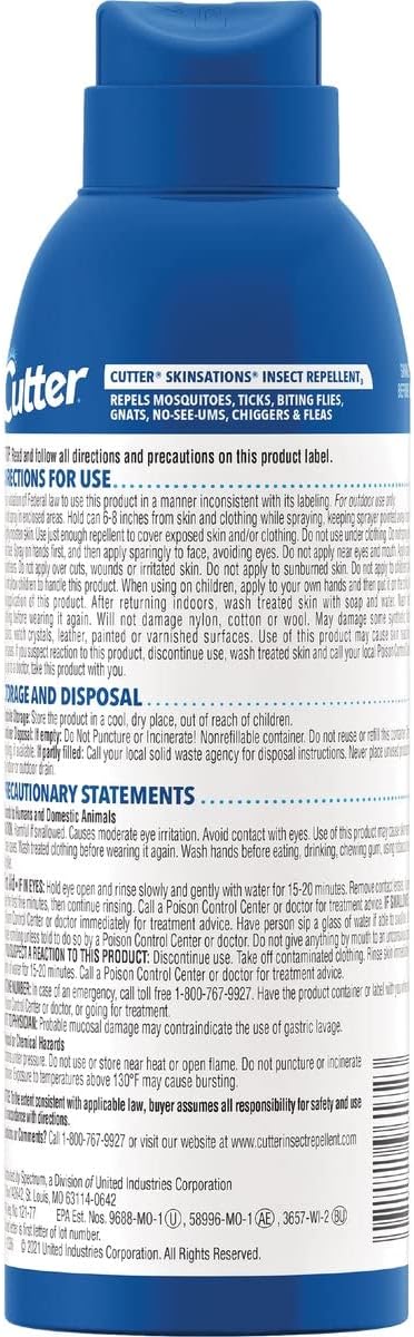 Cutter Skinsations Insect Repellent, Repels Mosquitos, Ticks, Gnats, Fleas, 7% DEET, 6 fl Ounce (Aerosol Spray)...