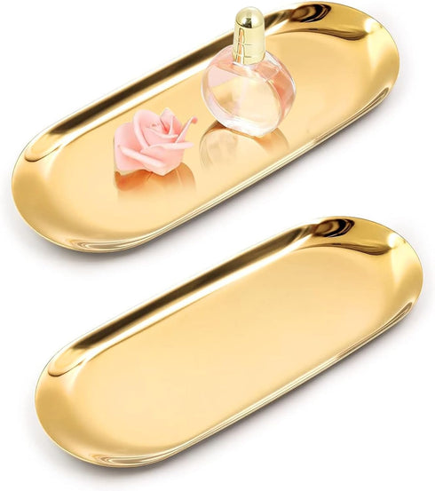 2PACK Gold Tray for Decorative, Vanity Tray for Bathroom, Kitchen Sink Tray for Countertop, Stainless Steel Jewelry Dish Trinket Tray, Perfume Rin...