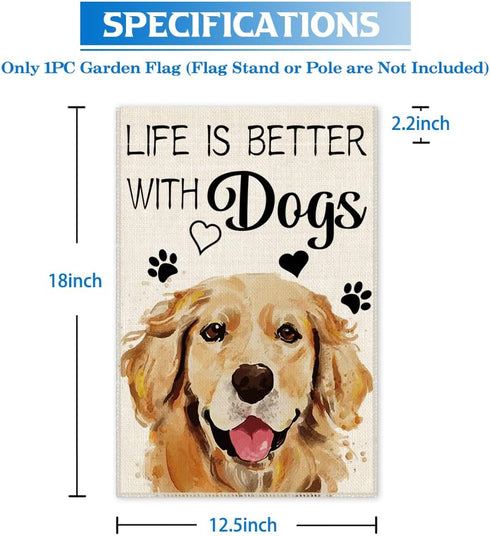 Life is Better with Dogs Golden Retriever Garden Flag, 12 x 18 Inch Double Sided Holiday Yard Outdoor Farmhouse Flag, Garden Flag with Dog, Dog Lo...