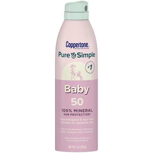 Coppertone Pure & Simple Baby Mineral SPF 50 Spray Sunscreen, Zinc Oxide Mineral Sunscreen, Hypoallergenic, UVA UVB protection, 5 oz...