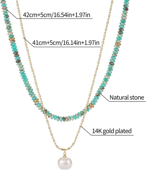 2Pcs Beaded Gemstone Layered Necklace for Women Colorful Boho Bead Choker Necklace Natural Stone Freshwater Pearl Surfer Beach Necklace 14K Gold P...
