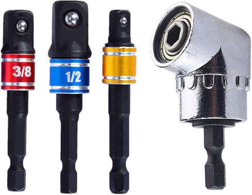 Right Angle Drill Adaptor Impact Drill Bit Extension 4-in-1 Impact Grade Socket Adapter Set Cr-V 1/4" 3/8" 1/2" Angle Drill Attachment Tools for H...