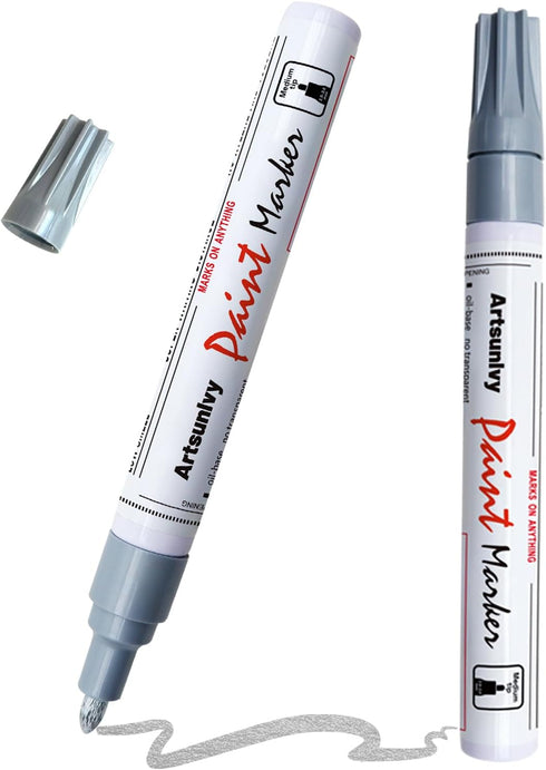 Silver Paint Pens Paint Markers - 2 Pack Oil-Based Permanent Markers Medium Point,Waterproof Quick Dry Paint Pens for Metal,Rock,Wood,Fabric,Plast...