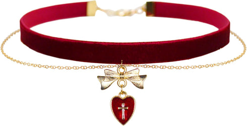 14K Gold Plated Red Heart Cross Velvet Double Choker Necklace for Women Goth 90s Chokers Aesthetic Necklace Gothic Jewelry Bow Kawaii Chocker Acce...
