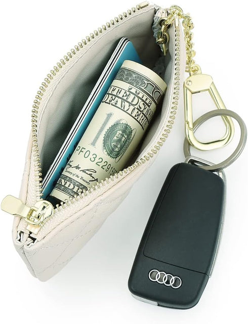 Premium Genuine Full Grain Leather Mini Coin Purse Keychain Pouch Card Holder for Men Women (Beige Quilted - LG)...