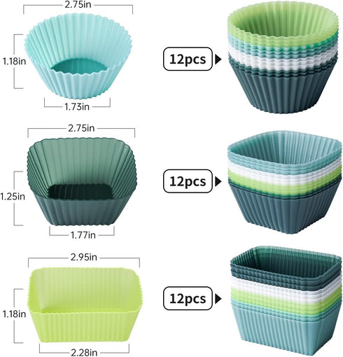 Silicone Cupcake Liners, 36 Pack Reusable Baking Muffin Cups Nonstick 3 Shapes Pastry Cake Molds Bento Lunch Box Dividers...