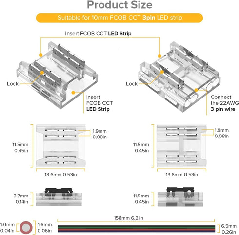SEZO FCOB COB 3PIN 10mm LED Light Strip Connectors Kit 8P Gapless Solderless Connectors+4P Corner Connectors+4PCS 15cm Long 22AWG Extension Wire S...