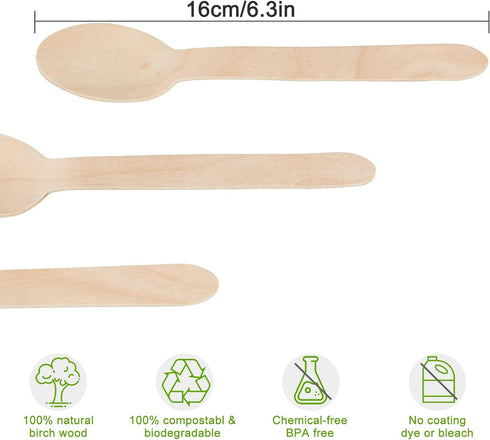 100 Pack Wooden Spoons Disposable - 6.3 Inch Length Biodegradable Cutlery - Compostable Bamboo Spoon For Chocolate, Coffee, Flavor, Ice Cream, Des...