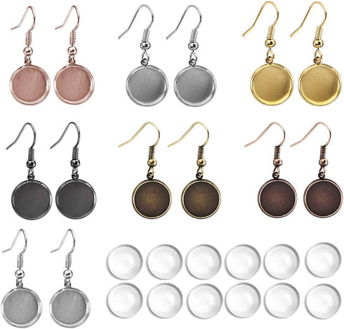 LANBEIDE 12mm Earring Wire Hooks with Glass Cover Cabochon Setting, 84 Pcs 7 Colors Alloy Earring Bezel Trays for Jewelry Making...