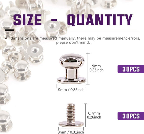 Swpeet 30Sets Sliver 8x10x10mm Chicago Screws Round Head Button Stud Slotted Screws Nail Rivet Leather Rivets Craft Belt for DIY Craft Leather Cra...