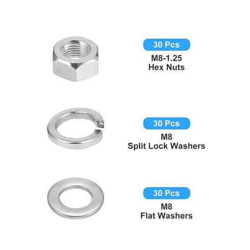 Hex Nuts Assortment Kit (M8-1.25 Hex Nuts with M8 Flat Washers & Split Lock Washers) 90Pcs, 304 Stainless Steel Hexagon Nut Hardware Kit...
