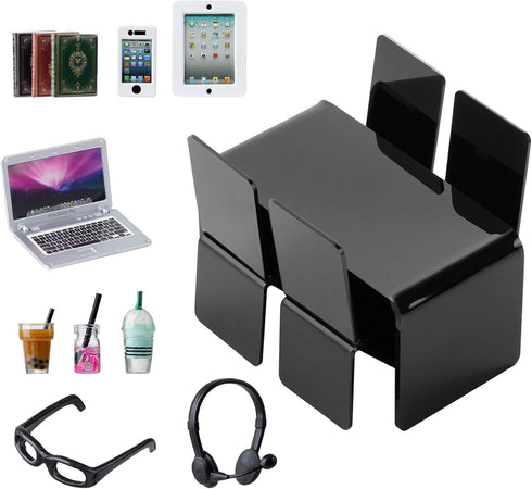 16Pcs Miniature Laptop Computer Tablet Toy Phone Pad and Coffee Juice Doll Accessories Mini Chairs and Table Glasses Headset Drink Playset Girl Sm...