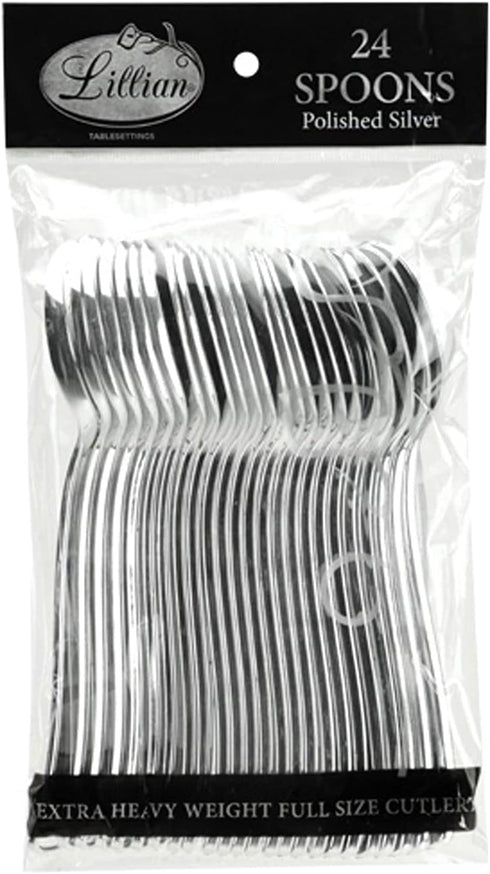 Plastic Cutlery Silverware Extra Heavyweight Disposable Flatware, Full Size Plastic Spoons Like Silver 24 Pack...