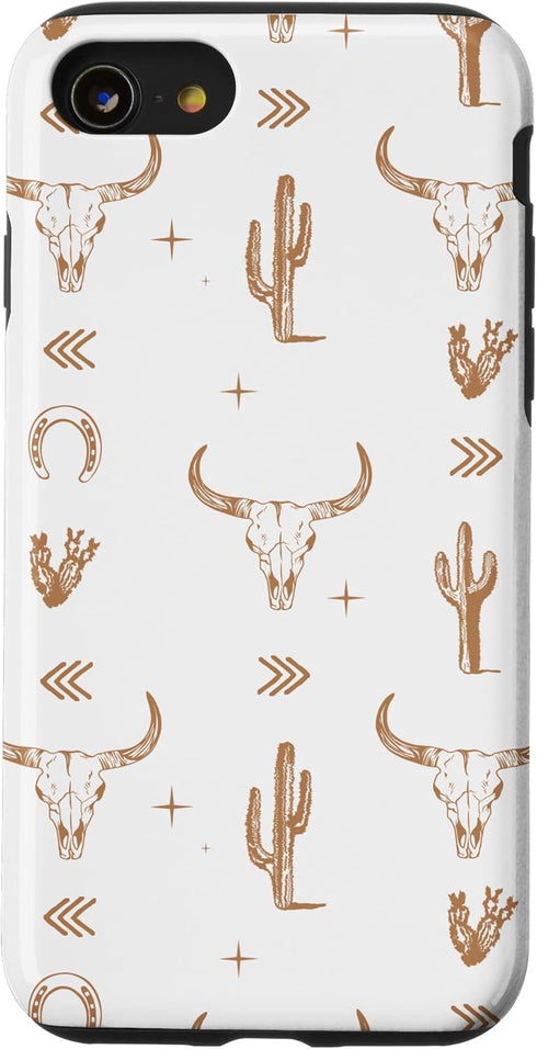 iPhone SE (2020) / 7 / 8 Western Country Boho Southern Bull Rustic Skull Chic Pattern Case...