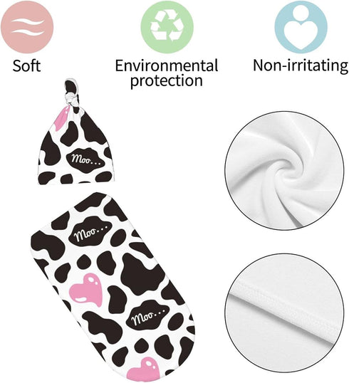 Cow Print Newborn Swaddle Blanket Baby Pink Heart Swaddle Blankets with Beanie Hat Sets Infant Gifts for Boys Girls Soft...