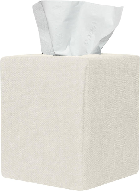 Tissue Box Cover, Cute Beige Linen Fabric Decorative Square Tissue Box Holder/Organizer for Bathroom Vanity Countertop/Office/Nightstand/Desk...