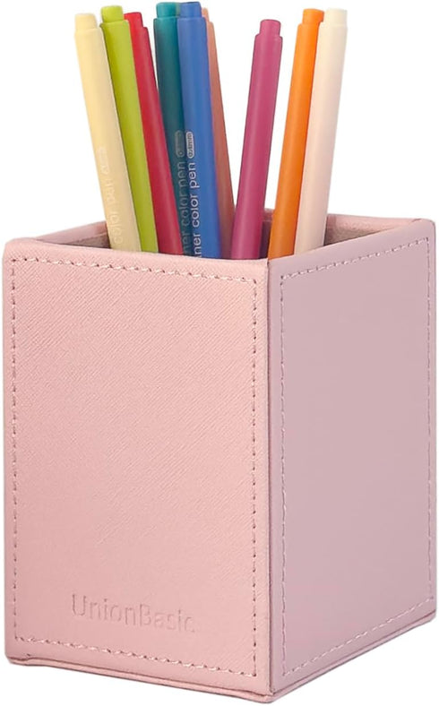 UnionBasic Square Pen Holder, Leather Pencil Cup, Desktop Caddy Stationery Organizer, Taiga Pattern Leather, Pink...