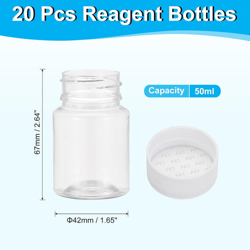 PATIKIL 20 Pcs 50ml Reagent Bottles, PET Wide Mouth Round Bottles with Screw Cap for Lab Water Reagent Liquids Solid Sample Storage Seal, Transpar...