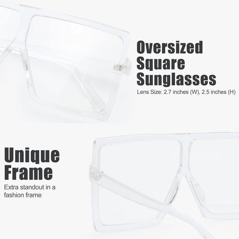 The Fresh Large Oversized Fashion Square Flat Top Sunglasses with Gift Box (4-Shiny Crystal, Clear/AR Coating)...