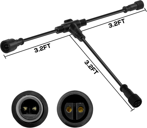 9.8FT Outdoor Extenstion Cord with 2 Core 2 pin Black Plastics IP65 T Shape Tee Connctor for Extend Outdoor Landscape Lights,UL...
