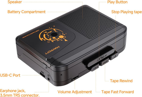 Portable Walkman Cassette Player Converter, Cassette to Digital Converter via USB, Compatible with PC/Laptops, Built-in Speaker&Headphone, Full St...