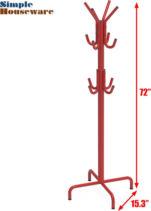 Simple Houseware Standing Coat and Hat Hanger Organizer Rack, 12 Hooks, Red...