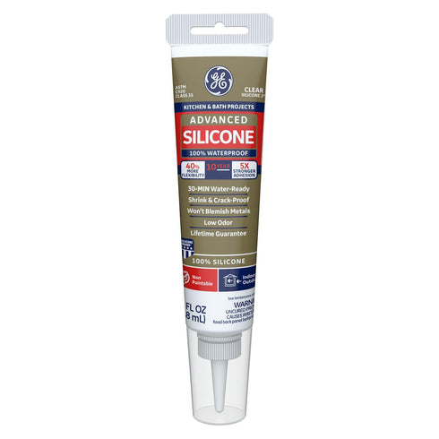 GE Advanced Silicone Caulk for Kitchen & Bathroom - 100% Waterproof Silicone Sealant, 5X Stronger Adhesion, Shrink & Crack Proof - 2.8 fl oz Tube,...